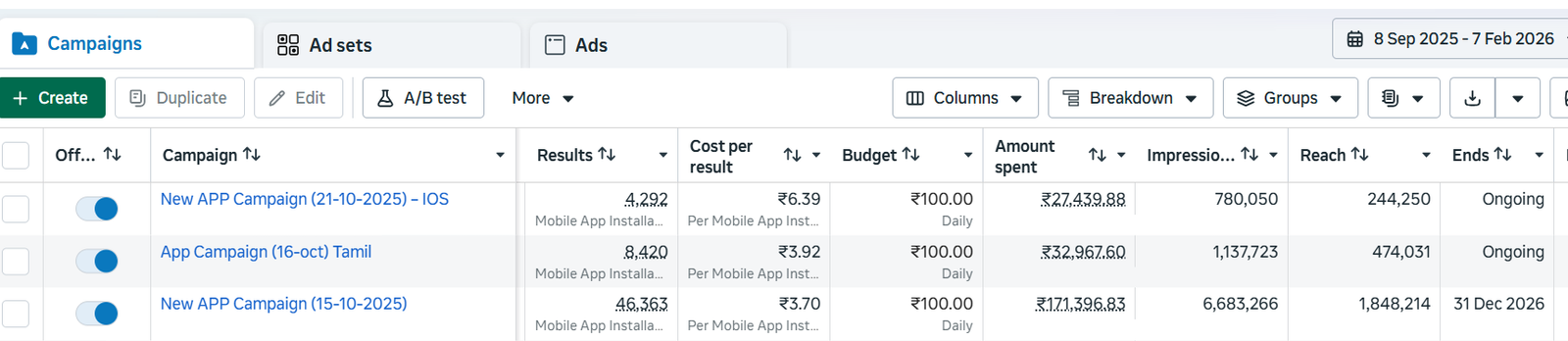 Boon.ai Meta Ads campaign performance showing app install results and cost per result